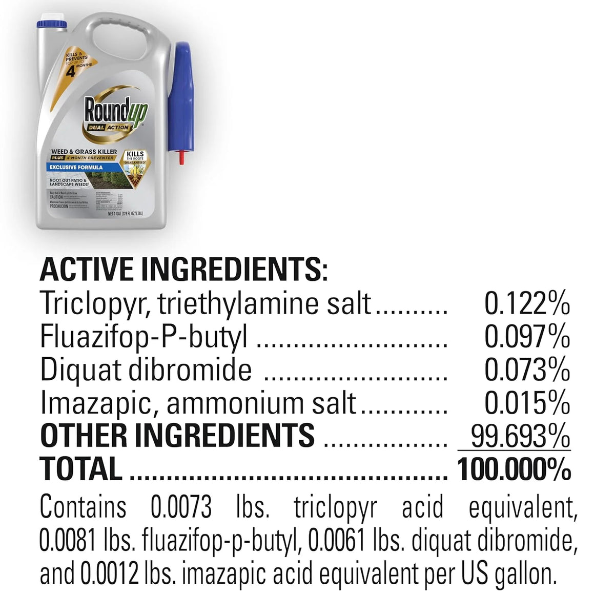 Roundup Dual Action Weed and Grass Killer Plus 4 Month Preventer, for Patios and Landscapes, Kills Down to The Root, Rainproof in As Fast As 30 Minutes, 1 gal.