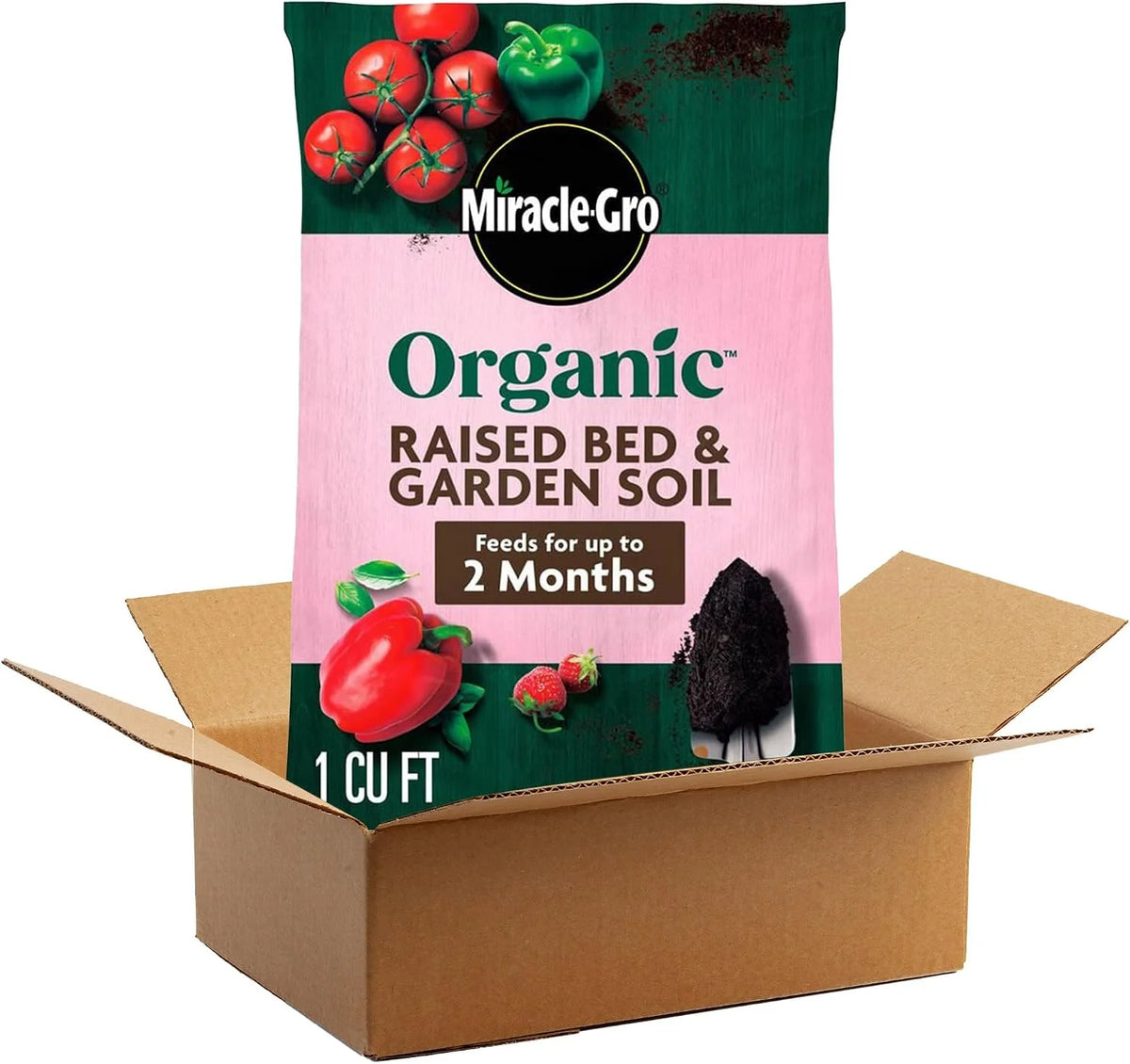 Miracle-Gro Organic Raised Bed and Garden Soil with Quick Release Natural Fertilizer, Peat Free, Feeds Plants Up to 2 Months, OMRI Listed, 1 cu. ft.