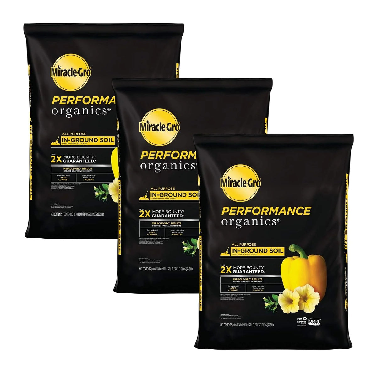 Miracle-Gro 3 Pack Performance Organics All Purpose In-Ground Garden Soil with Organic and Natural Ingredients, Feeds Vegetables, Flowers and Herbs for Up to 3 Months, 1.3 cu. ft.