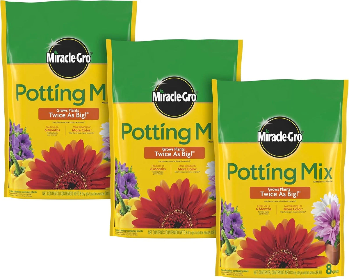 Miracle-Gro Potting Mix - For Container Plants, Flowers, Vegetables, Shrubs, Annuals, Perennials, Potting Soil Mix, Feeds up to 6 Months, 8 qt. (3-Pack)