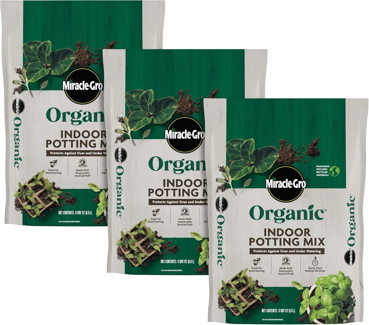 Miracle-Gro Organic Indoor Potting Mix - Protects Against Over and Under Watering, Planting Soil for Indoor Container Plants, Houseplants and Starter Plants, OMRI Listed, 8 qt. (3-Pack)